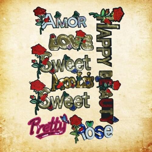 Sequin letter popular love tic note embroidery patch stripe Iron Dress patch wrap bordeos badge for clothes