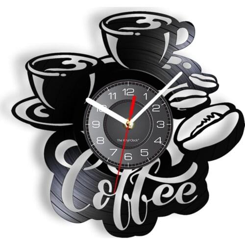 Coffee Time Vinyl LP Record Wall Clock Coffee Beans Cups Latte Art Retro Illuminated Wall Watch Chic Cafe Wall Decor For Barista