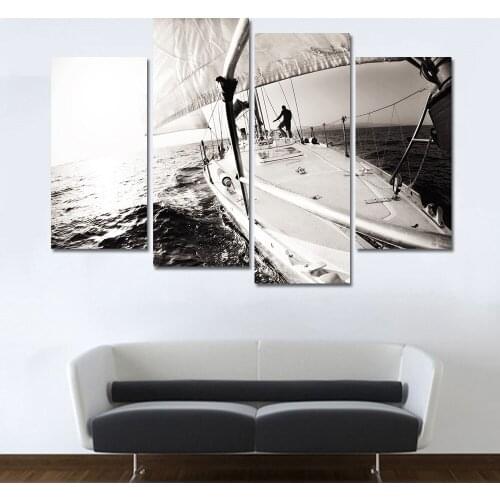 Wall Art Pictures Home Decoration Posters Frame Living Room 4 Pieces Black White Boat Sea Level Landscape Modern Painting Canvas