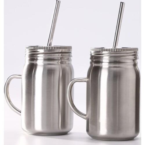 Stainless Steel Straw Cup 24oz Single Wall Mugs Safe Durable Anti-rust Jars Lids and Straws Portable Travel Handle Coffee Cup