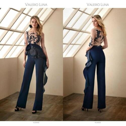 New Navy Prom Jumpsuits Mother Of The Bride Pant Suit Satin Appliques Mothers Dress Long Sleeves Mothers Formal Gowns