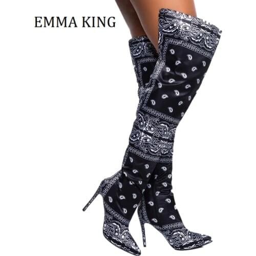 Autumn Winter Women Thigh High Boots Bandana Prints Bad Girl Heels Shoes Pointy Toe Silk Stiletto Botas Altas Mujer Size 35-43