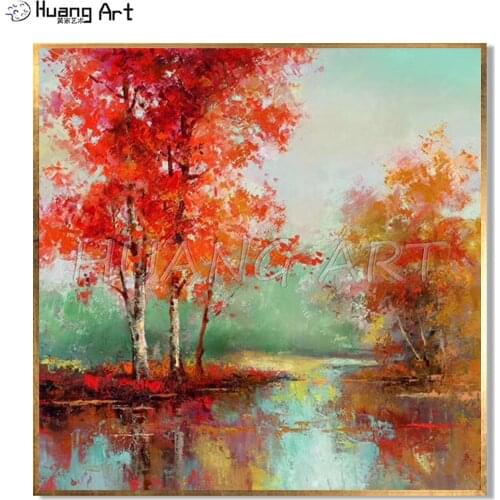 Autumn Landscape Hand-painted Red Tree Landscape Oil Painting on Canvas for Living Room Decor Modern Impression Oil Painting