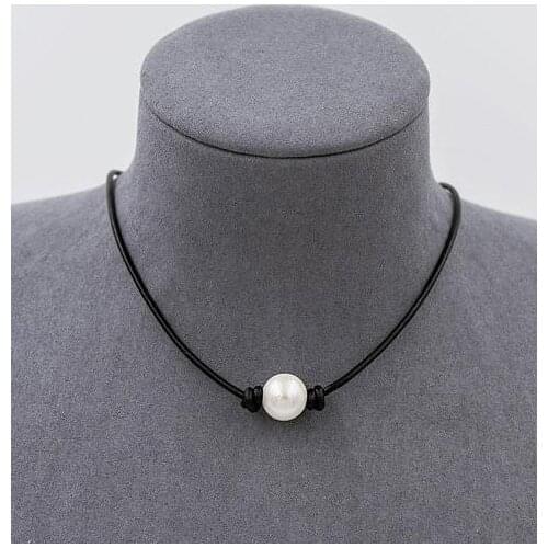 Handmade Real Pearl Jewelry Black Leather Pearl Necklace Single Good Quality Genuine Pearl On Leather Knotted Wedding Party Gift