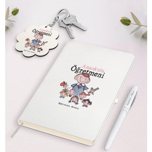 Personalized Kindergarten Teacher White Notebook Pen And Keychain Gift Seti-2