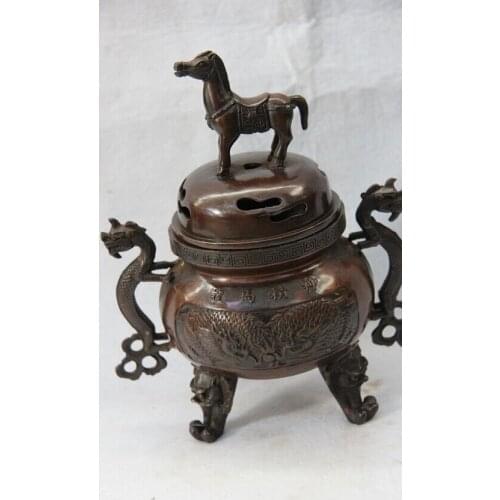 Song voge gem S0253 8 Chinese Folk Temple Copper Bronze Dragon Phoenix Horse incense burner Censer