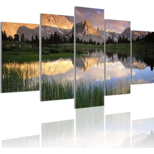 Landscape Lake Mountains 5 Panels DIY Wood Frame Canvas Painting Poster Wall Art Print Picture Living Room Home Decoration