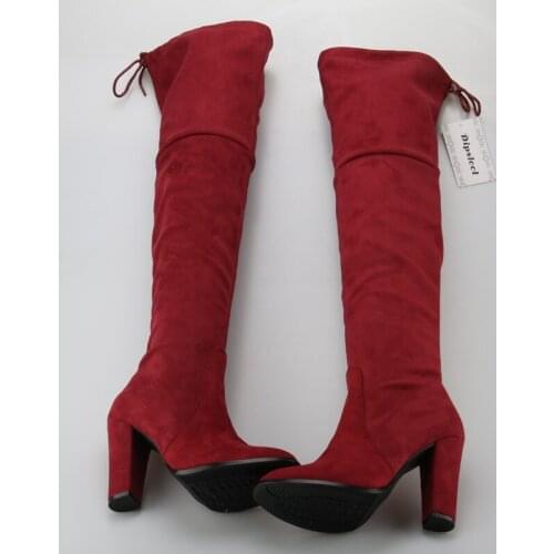 Spring Hot Faux Suede Leather Women Knee High Boots Super High Chunky Heel Ladies Lace Up Back Knight Boots Fashion Boots