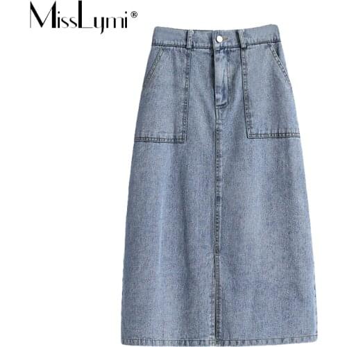 Casual Denim Skirt Summer 2021 Fashion Korean Loose Pockets High Waist Slit Midi Skirt Straight Plus Size MissLymi