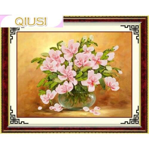 Needlework,Chinese Ribbon Cross stitch Set for Embroidery kit,Table vase Lily flowers Cross-Stitch handwork home wall decoration