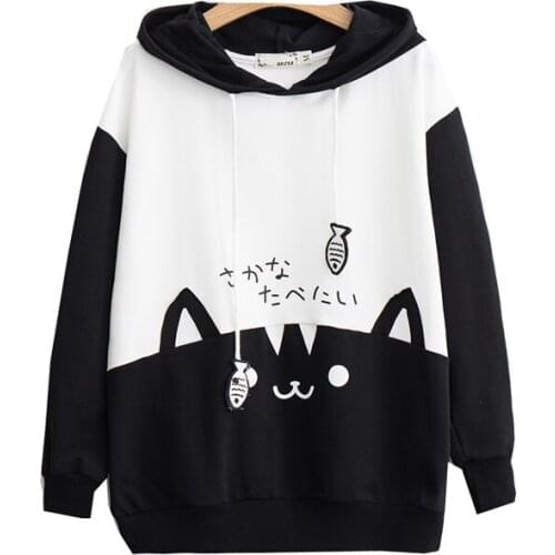 Women Hoodies Animal Lovely Pullovers Japanese Anime Kawaii Cat Ears Sweatshirt Cute Cat Graphic Color Block Patchwork Hoodies