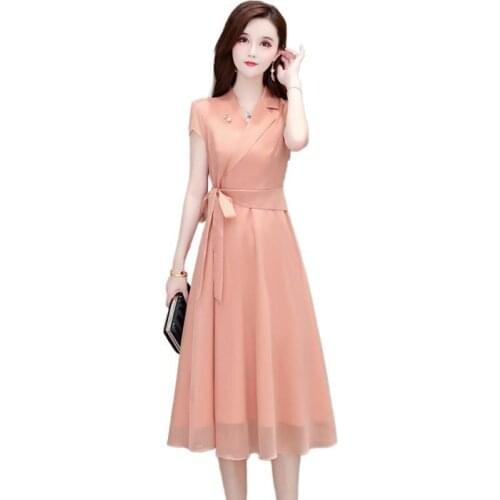 V-Neck Female Chiffon Dress Summer Plus Size 3XL Summer Womens Dress Solid Color Short-Sleeved Belt Lady Office Dresses Fashion
