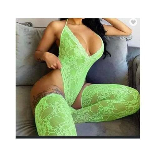 Adogirl Women Sexy Lace Two Piece Set Deep V Neck Lace Up Halter Backless Bodysuit Top Stockings Night Club Suit Sleep Wear