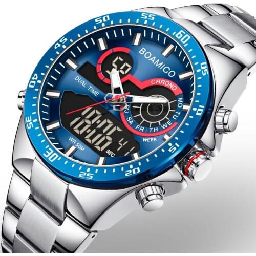 BOAMIGO 2021 New Fashion Mens Watches Stainless Steel Top Brand Luxury Sports Mens Digital Analog Blue Quartz Watch For Men