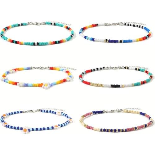 Handmade Flower Daisy Bead Anklet Bracelet Adjusted For Women Bohemian Colorful Seed Bead Elastic Stretch Ankle Jewelry Gift