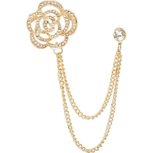 Fashion Rhinestone Hollow Rose Flower Brooch Pins Crystal Tassel Chain Brooches Shirt Suit Collar Pin Badge Accessories Gifts