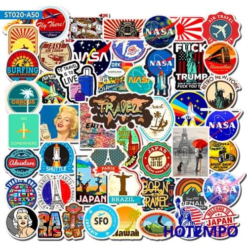 50pcs Travel Decorative Adhesive Stickers DIY Mobile Phone Laptop Luggage Suitcase Guitar Skateboard Fixed Gear Decal Stickers