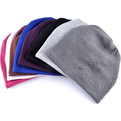 Charm Wood Ladies Hat Autumn Winter Beanie Knit Dual-layer Warm Caps Rhinestone Decorated with Velvet Thick