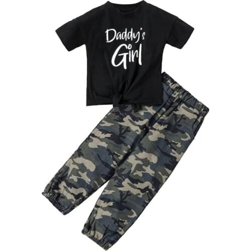 Kids Girls 2-piece Outfit Set Short Sleeve Letter Print Tops+Camouflage Pants Set for Children Baby Girls