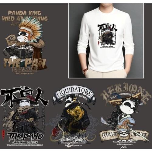 Washable anime panda pattern T-shirt with stripes decoration Heat Transfers Iron On Patches For Jeans Childrens gifts