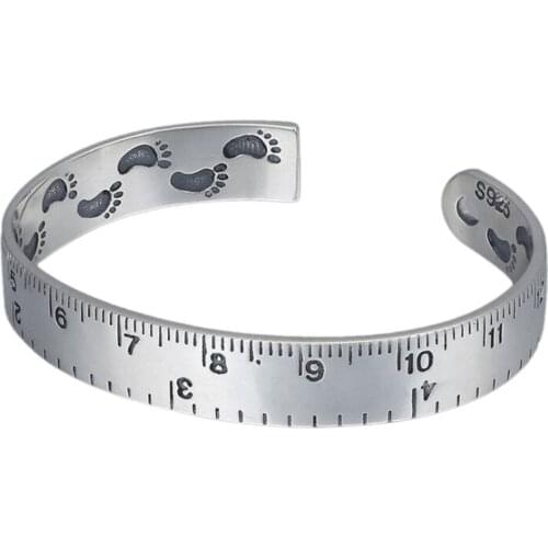 New solid S925 pure silver jewelry creative personality scale Thai silver foot measuring rule open bracelet for men and women