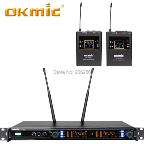 OKMIC UHF true diversity OK-002U OK-8800B 2 waist hanging transmitter 2 clip microphone Lavalier Mic digital ID pilot series