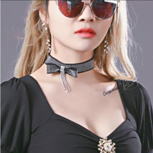 Necklace Ladies Necklace Japan and South Korea Full Diamond Bowknot Tassel Necklace Collar Net Red Clavicle Chain Trend Necklace