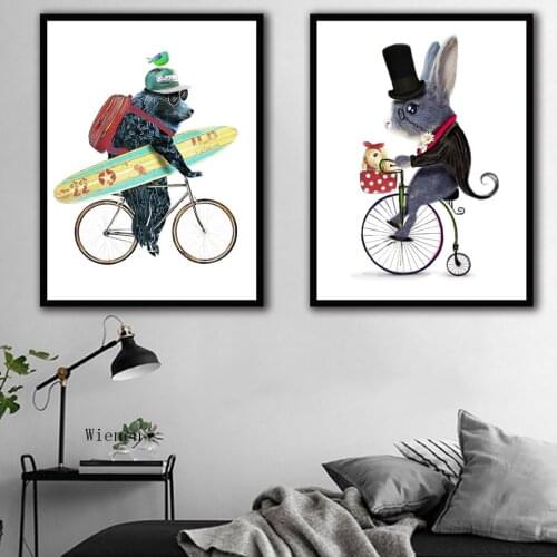 Lovely Bear Rabbit Ride On Bike Animals Posters and Prints Canvas Decorative Paintings Wall Art Picture for Nursery Living Room