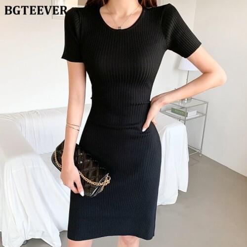 BGTEEVER Chic Casual Simple O-neck Ladies Sheath Pencil Knitted Dress 2021 Summer Short Sleeve Slim Waist Female Bodycon Dress