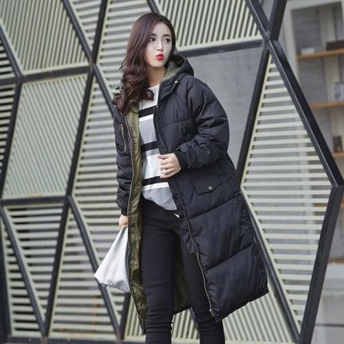 Latest winter warm cotton-padded suit with long hat coat solid color zipper coat2018