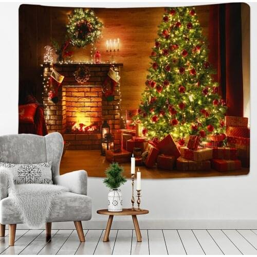Christmas Tapestry Christmas Tree And Fireplace Warm Family Wall Hanging Backdrop Home Room Decoration Gift