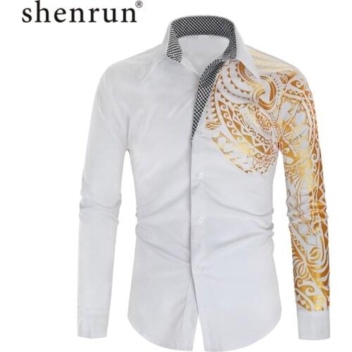 Shenrun Men Shirts New Fashion Long Sleeve Slim Fit Gold Stamp Pattern Formal Casual Shirt Stage Costume Singer Host Dancer Ball