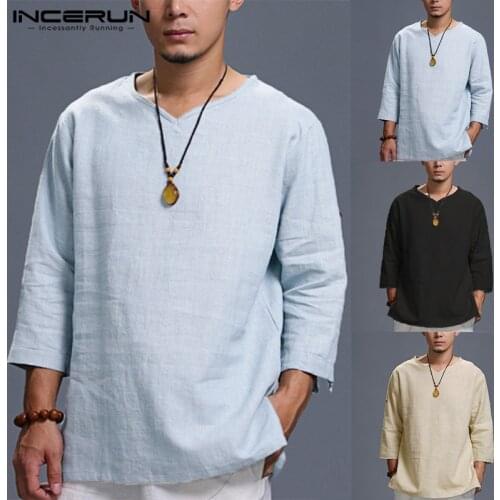 Stylish Mens Shirts Cotton Three Quarter Sleeve Folded V Neck Plain Chinese Style Tee Shirt Loose Tops Man Camisas Men Clothing