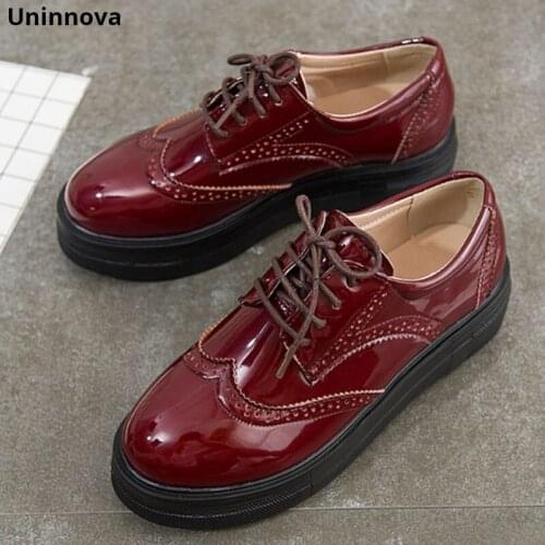 Round Toe Womens British Style Brogue Glossy Patent Leather Wedge Pumps Med Heel Court Shoes Plus Size 33-43 Uninnova WP076