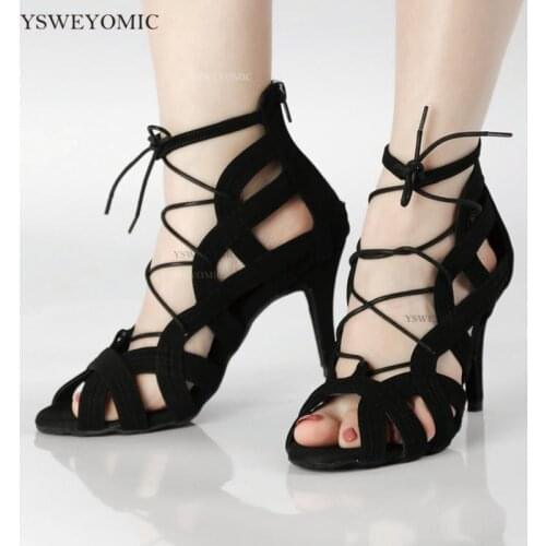 Soft Leather Women Latin Dance Boots Salsa Black Suede Professional Ballroom Dance Shoes Stable Spike Cuban Heels Dance Shoes