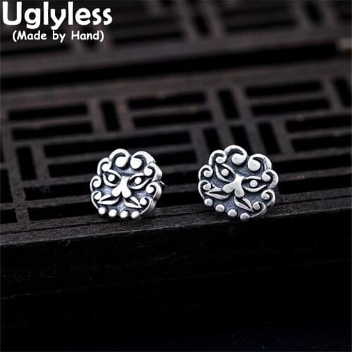 Uglyless China Cultural Totem Animals Vines Waves MINI Studs Earrings for Women 925 Silver Vintage Brincos Buddhism Mantra Jewel