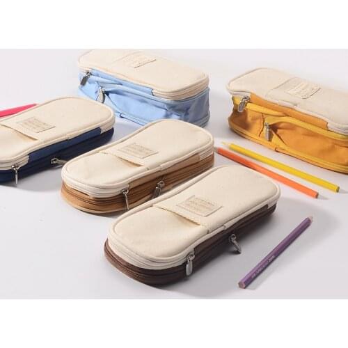 High Quality Pencil Case Macaron Color Canvas Stretch Double Layer Large Capacity Pencil Box Kawaii Storage School Stationery