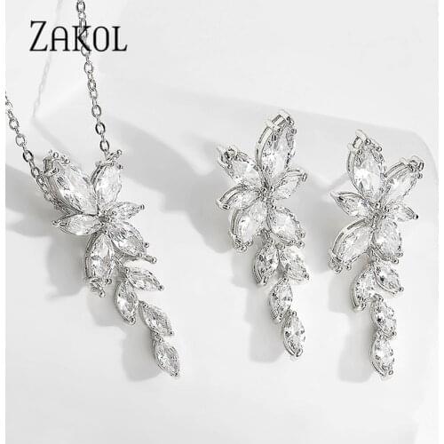 ZAKOL Newest 3 Color Cubic Zirconia Leaf Earrings Necklace Set for Women Elegant Bridal Wedding Party Jewelry Set FSSP3064