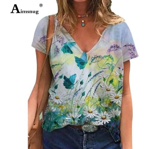 Plus size 3xl Women Elegant Leisure Casual T-shirt Bohemian Flower Print V-neck Loose Womens Top 2021 Summer Tees shirt Femme