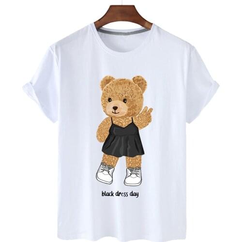 100% Cotton Small Skirt Cute Bear Cartoon Print Short Sleeve 0-neck Loose T-shirt Female High Quality Large Size T-shirt S-3XL
