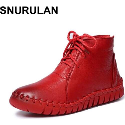 SNURULAN Flats Ankle Womens Boots Shoes Woman Female Fashion Lace Up Handmade Genuine Leather boots Rubber Soles Casual Beand