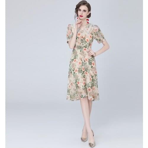 2021 New Women Dresses A-LINE Office Lady Printing Mid-Calf Women Dresses V-Neck Vintage Elegant Party Lace Women Summer Dresses