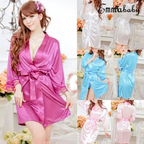 2019 Hot sale sexy v-neck solid Women Satin Robe Dressing Gown Bridal Wedding Bride Kimono robe Nightwear