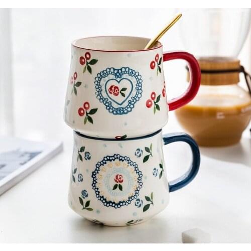 450/220/350ml Cherry Coffee Milk Breakfast Cup With Handle Ceramic Lovers Mugs Tumblers office Home Drinkware Tool