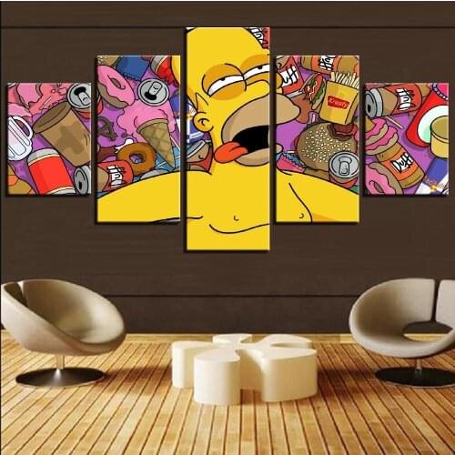 Wall Art Pictures Frame 5 Pieces Simpson With Fast Food Anime Character Canvas Painting Home Decor Living Room Hd Prints Poster