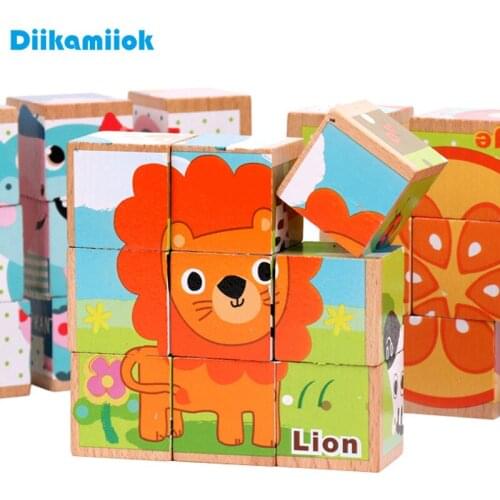 9pcs/set Six pattern Wooden Jigsaw 3D Puzzle Animals/ Vehicle/ Fruit Baby Learning Educational Toys for Children Wood Puzzles