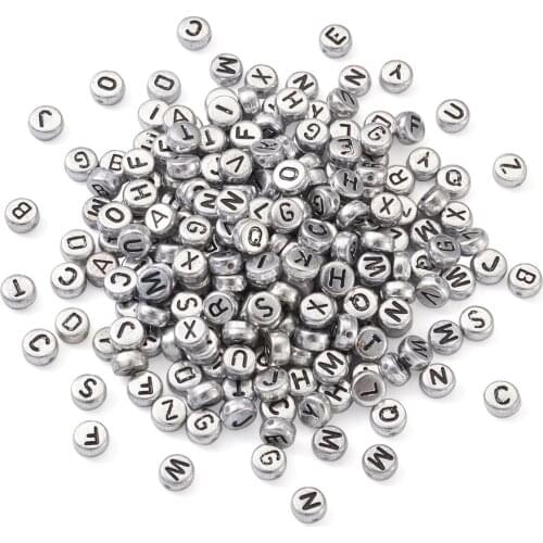 598pcs/set 26 Silver Color Plated Acrylic Alphabet Beads Letter A~Z Flat Round 7x4mm, Hole: 1.3mm for DIY Jewelry Making