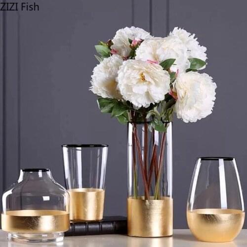 American Golden Transparent Glass Flower Vase Flower Arrangement Living Room Office Decoration Exquisite Wedding Vase Home Decor
