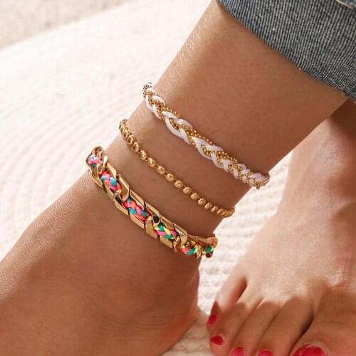 Colorful Charm Bead Chain Weave Anklet Bracelet Adjustable Metal Punk Style Thick Chain Anklets On Foot Barefoot Sandals Jewelry