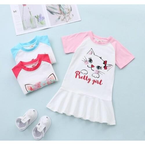 Cotton Kids Dresses for Girls Summer Cute Animal Cat Patchwork Short Sleeve Girls Dress Fashion Clothes School Kids Clothes 0-6Y